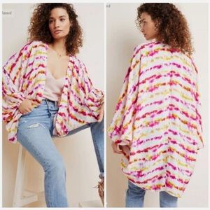 Anthropologie Pink and Yellow Tie-Dye Dip Dye Cocoon Kimono O/S